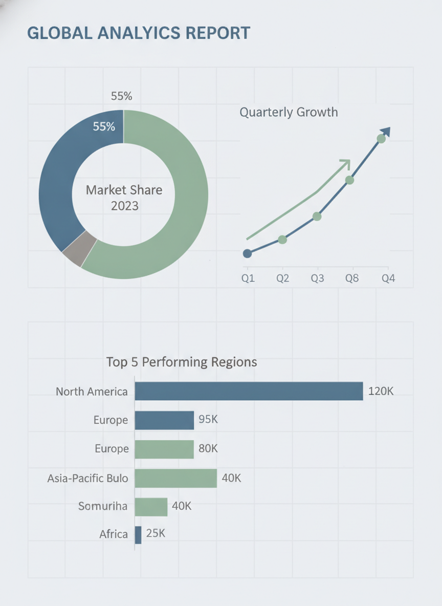 Analytics data visualization infographic combining a donut chart, trend line graph and horizontal bar ranking