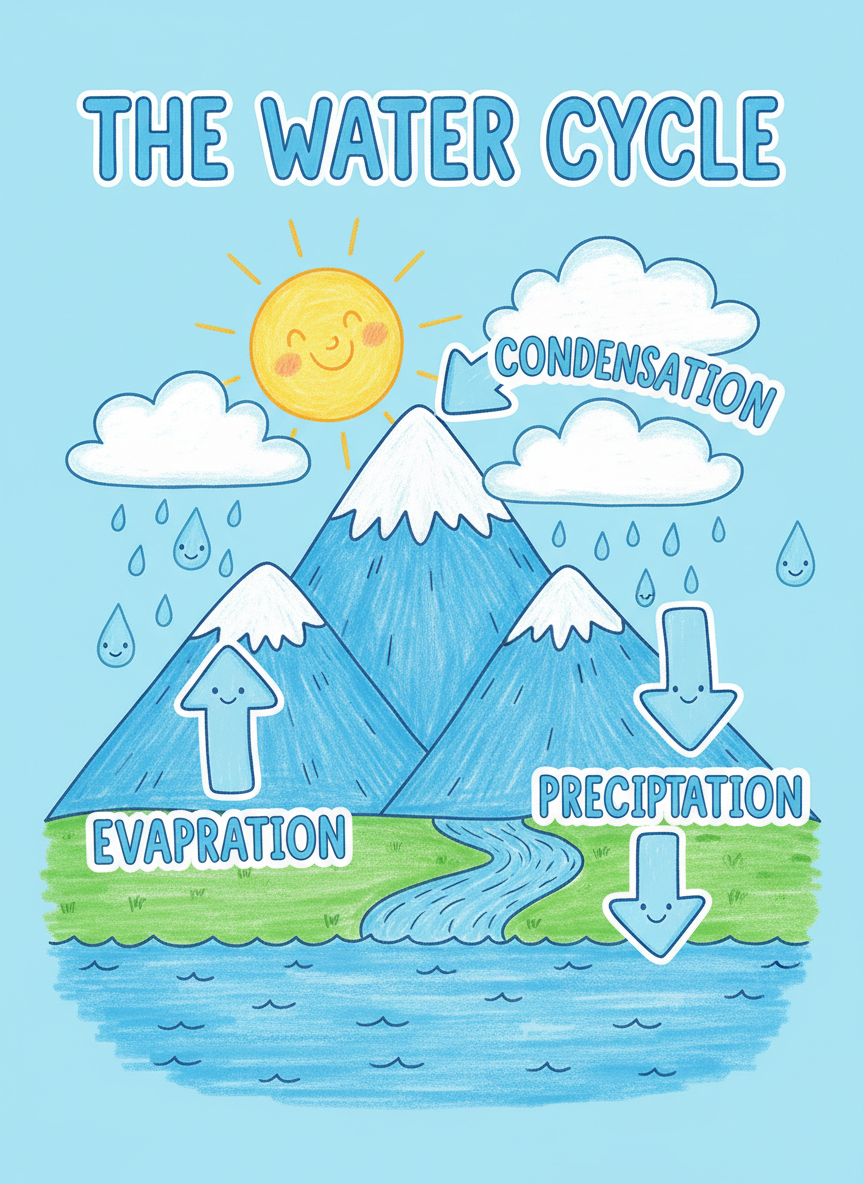 Educational water cycle infographic with labeled arrows and friendly hand-drawn science illustrations for classrooms