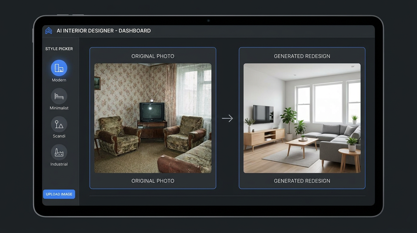 AI interior design generator interface in a dark dashboard transforming a plain dated living room photo into a modern minimalist redesign, with a style picker sidebar and upload panel