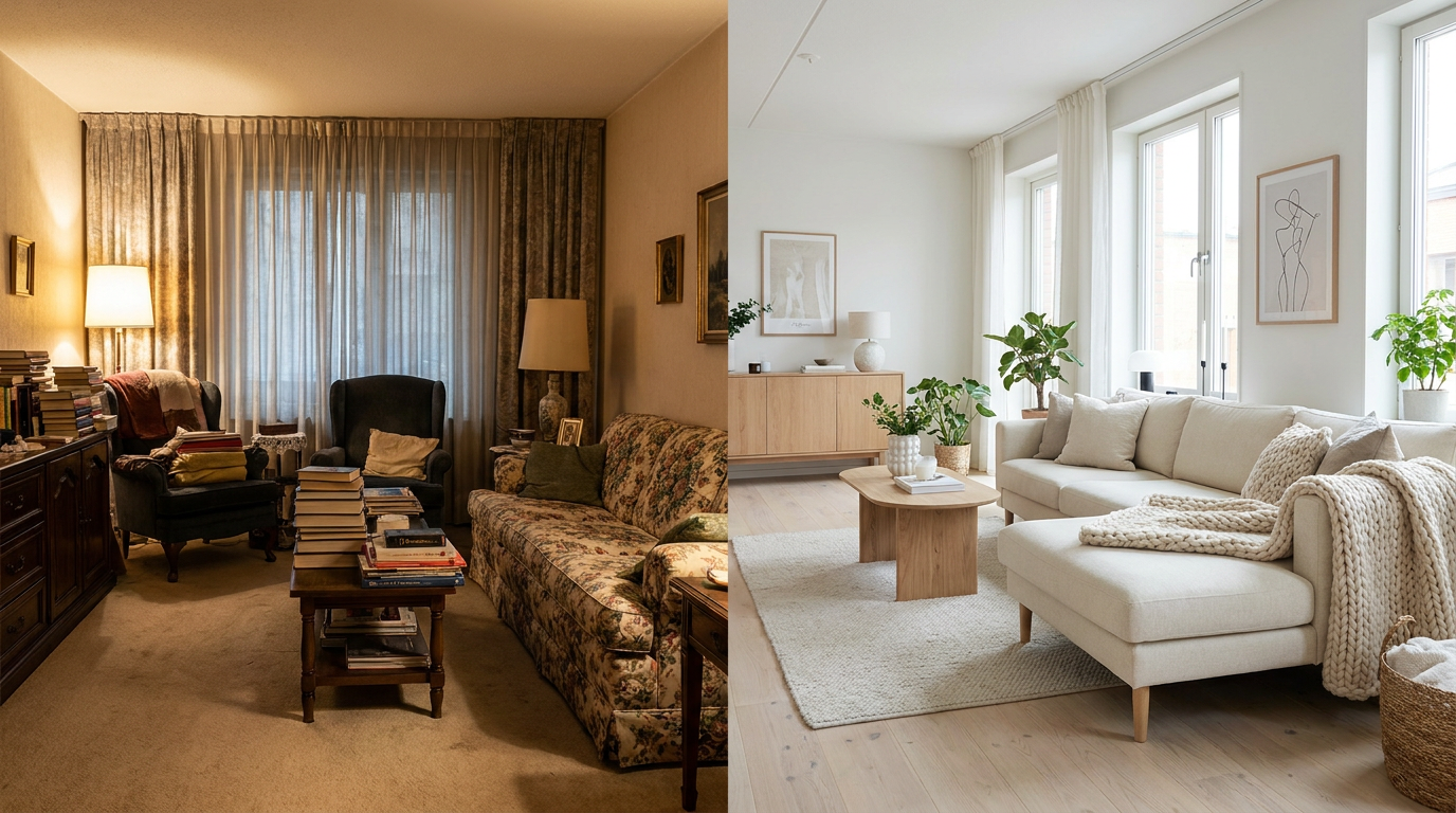 Before and after split screen of a living room redesigned by AI — a cluttered dated room transformed into a bright airy Scandinavian makeover with light wood, cozy textiles and plants