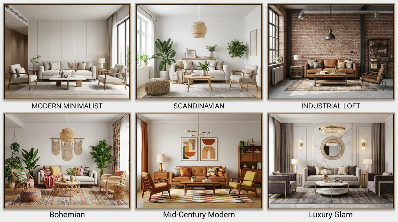 Gallery grid of six AI interior design redesigns of the same living room — modern minimalist, Scandinavian, industrial loft, bohemian, mid-century modern and luxury glam styles