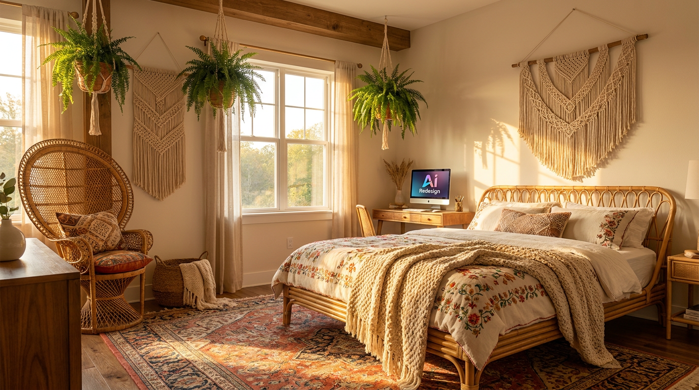 A cozy bedroom redesigned by AI in warm bohemian style with layered textiles, rattan furniture, hanging plants, macrame wall art and soft golden hour lighting