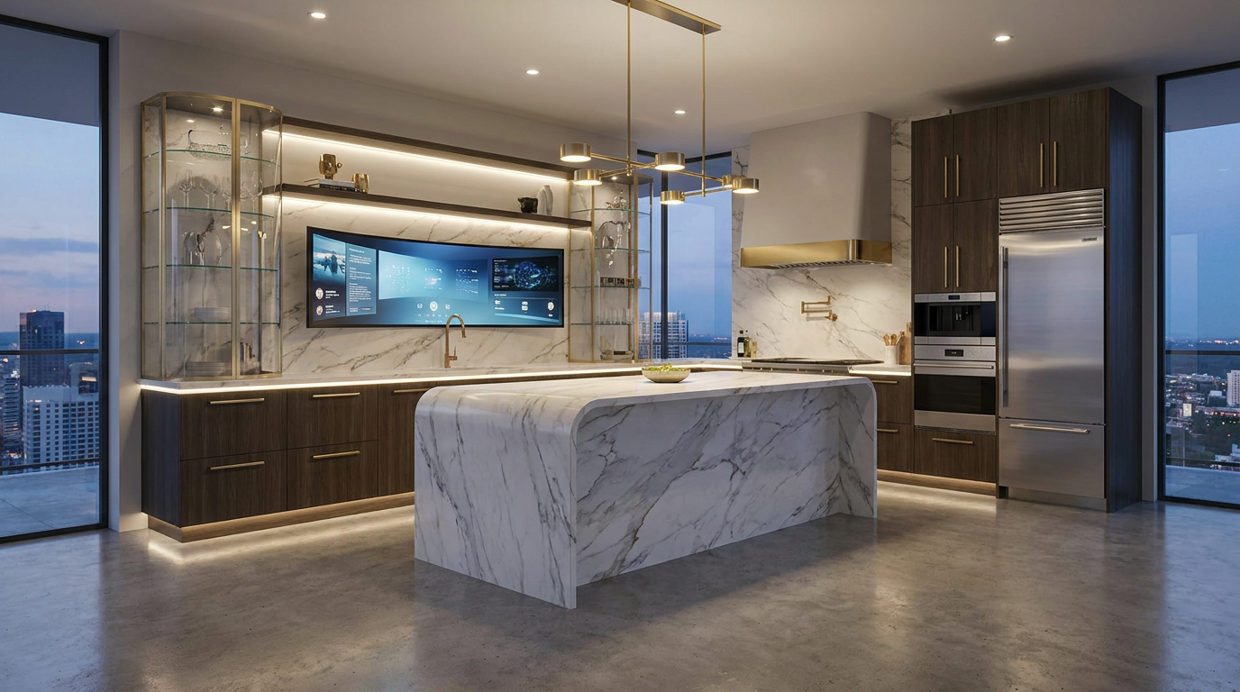 A modern luxury kitchen redesigned by AI with a marble waterfall island, brass and gold accents, integrated lighting and elegant high-end cabinetry