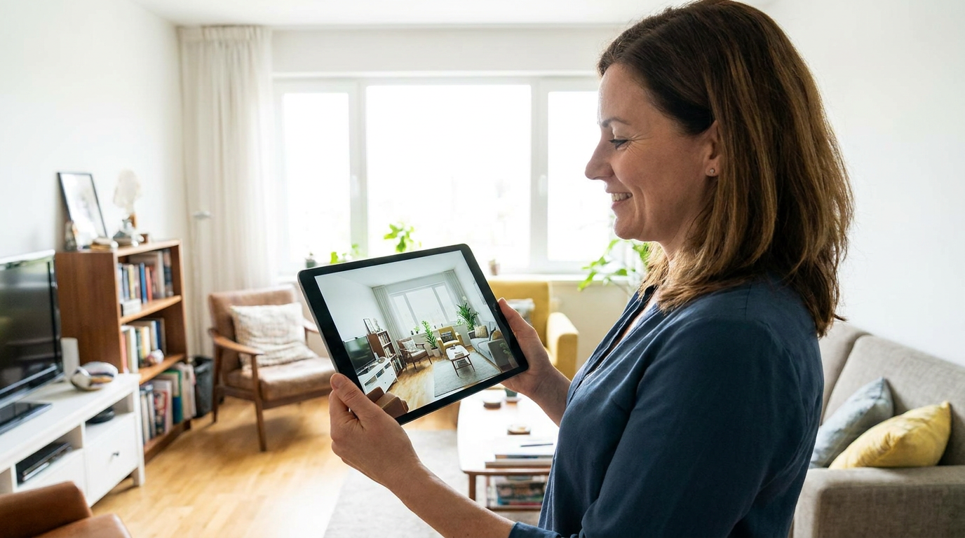 A homeowner holding a tablet showing an AI interior design generator redesign of their actual living room, comparing the on-screen modern redesign to the real room around them