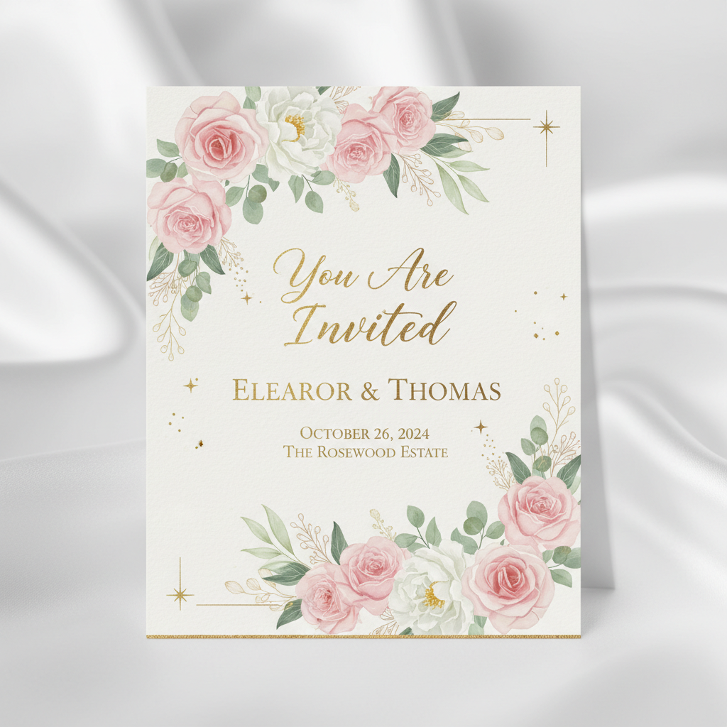 AI-generated elegant wedding invitation with perfect text, gold floral border, and refined typography