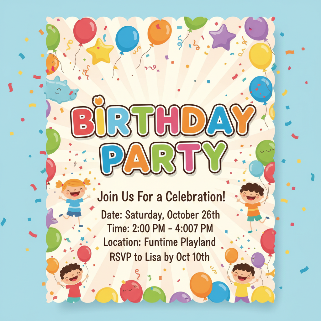 AI-generated kids birthday party invitation with balloons, confetti, and bold playful text