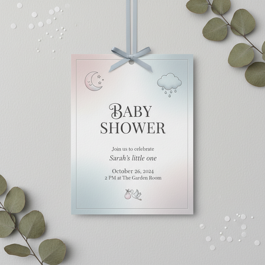 AI-generated minimalist baby shower invitation in soft pastel tones with clean typography