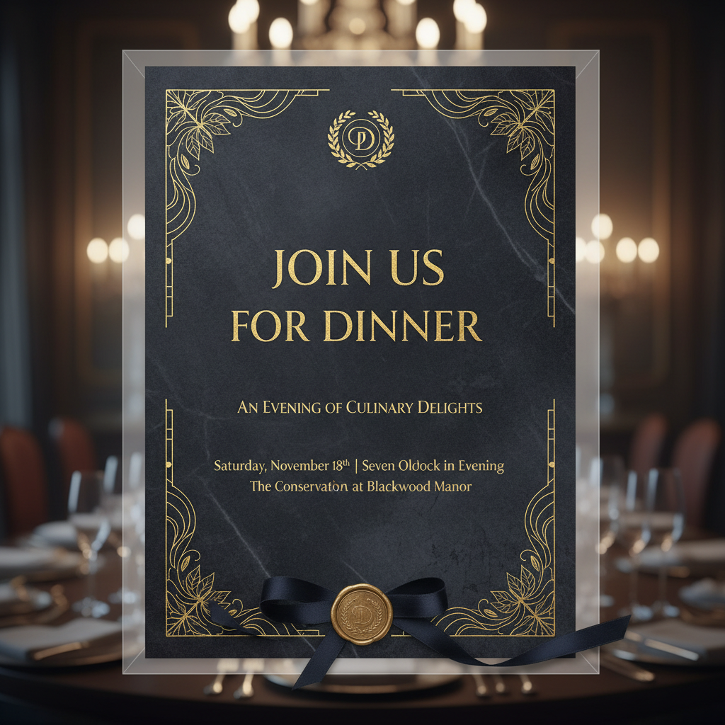 AI-generated sophisticated dinner party invitation with dark elegant background and gold accents