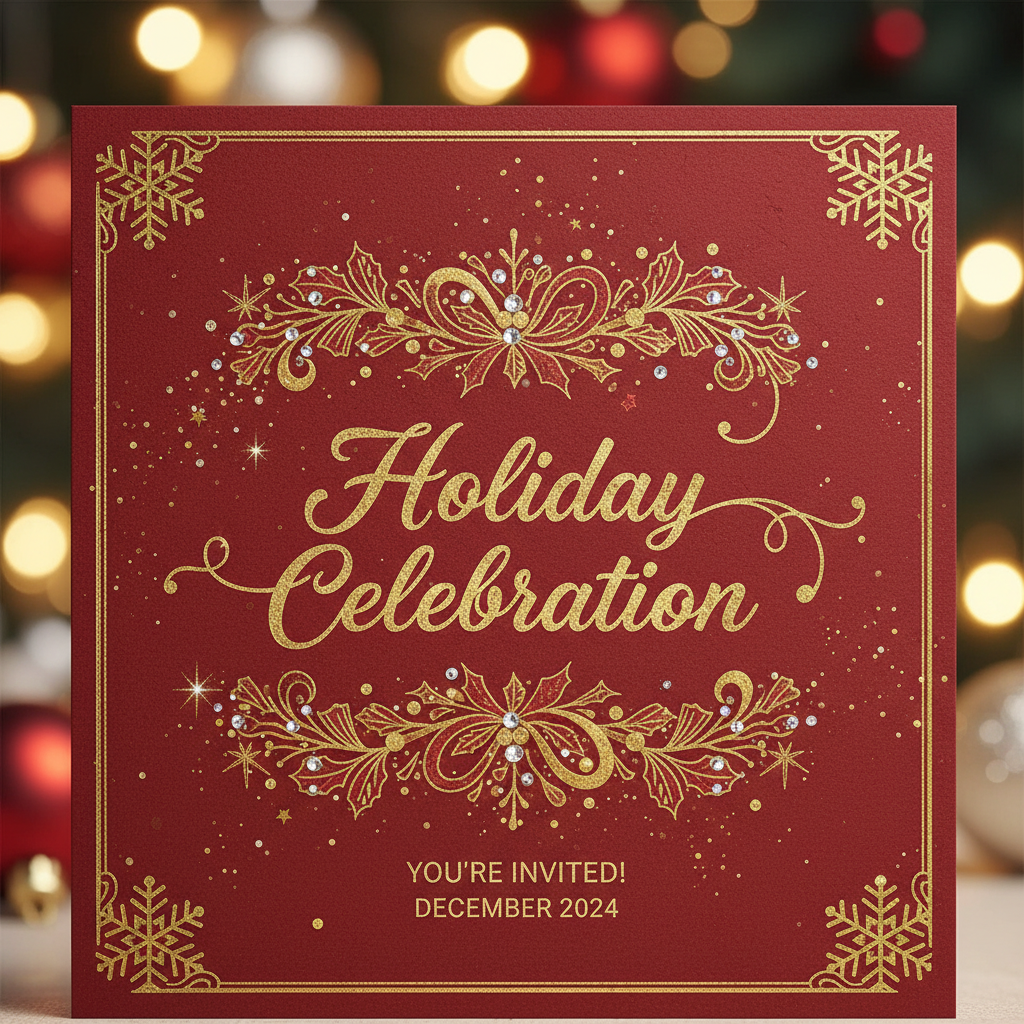 AI-generated festive holiday party invitation with warm red and gold colors and elegant text