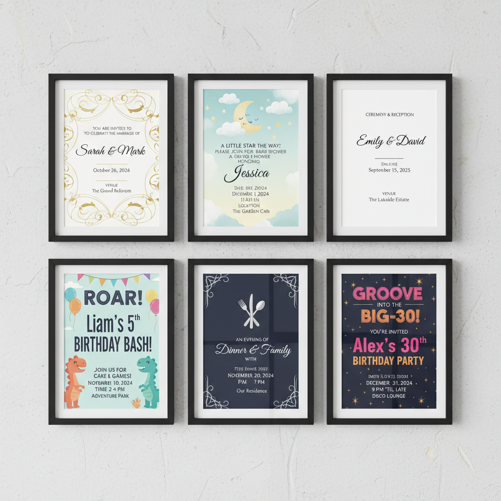 Grid of six AI-generated invitations across wedding, birthday, baby shower, and dinner themes with perfect text