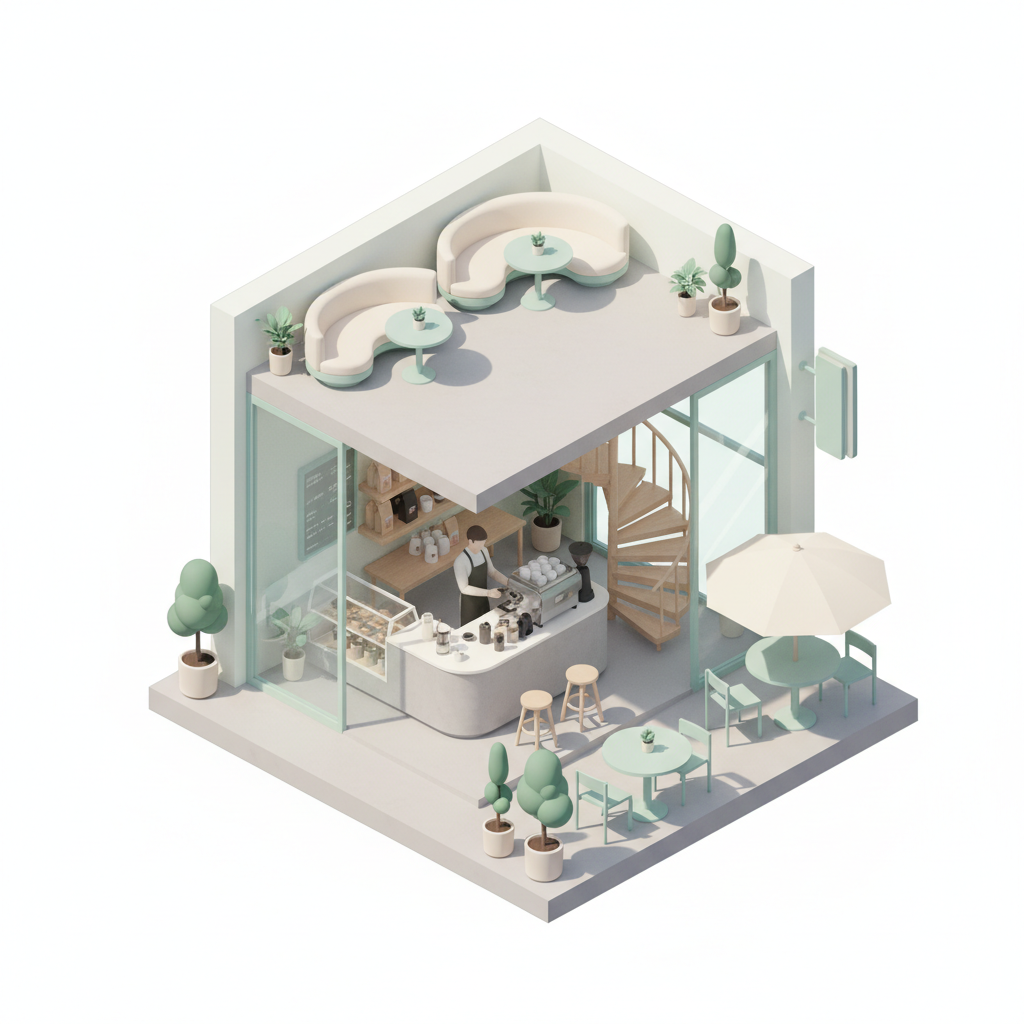 AI isometric illustration generator result: a cut-away two-storey coffee shop rendered as a miniature diorama on a white background, in a mint green, cream and pale grey palette. The ground floor has a curved counter with an espresso machine, a barista in an apron, a glass pastry cabinet, a shelf of bags, three round stools and a wooden spiral staircase; the upper level carries two curved banquettes, two small round tables and potted trees. The isometric grid is held perfectly, the ambient occlusion under every stool and planter is soft and consistent, and the glazing reads as glass rather than as a grey plane. Two things drifted from the brief. The upper level came back as an open roof terrace with no ceiling rather than an enclosed second storey, and the chalkboard behind the counter carries faint pale squiggles that imitate handwriting without forming any readable letters, which is what a no-text instruction usually produces rather than a genuinely blank board.