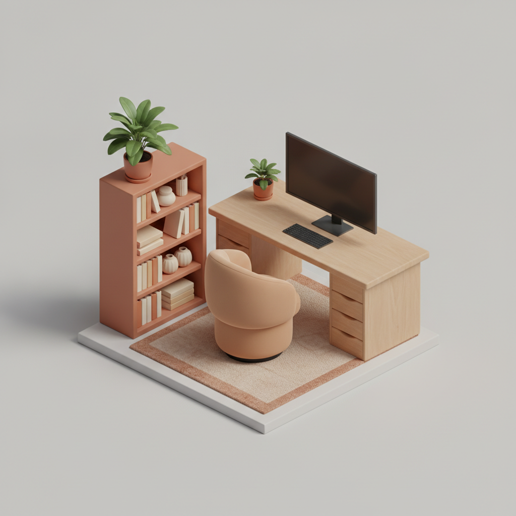 AI isometric illustration generator result: a home office workspace in a warm beige and terracotta palette on a plain light grey background, showing a pale wood desk with a blank dark monitor, a keyboard, a small potted plant, a rounded cream armchair, a patterned rug and a terracotta bookshelf holding books, vases and a large leafy plant. The no-text instruction held completely: the monitor is blank and every book spine is a plain block of colour. The drift is structural. The brief asked for a room and what came back is a furniture vignette on a floating white slab with no walls, no floor plane beyond the slab and no ceiling, which is the single most common thing this model does with isometric interiors. It is a good asset for a landing page and it is not the room that was requested.