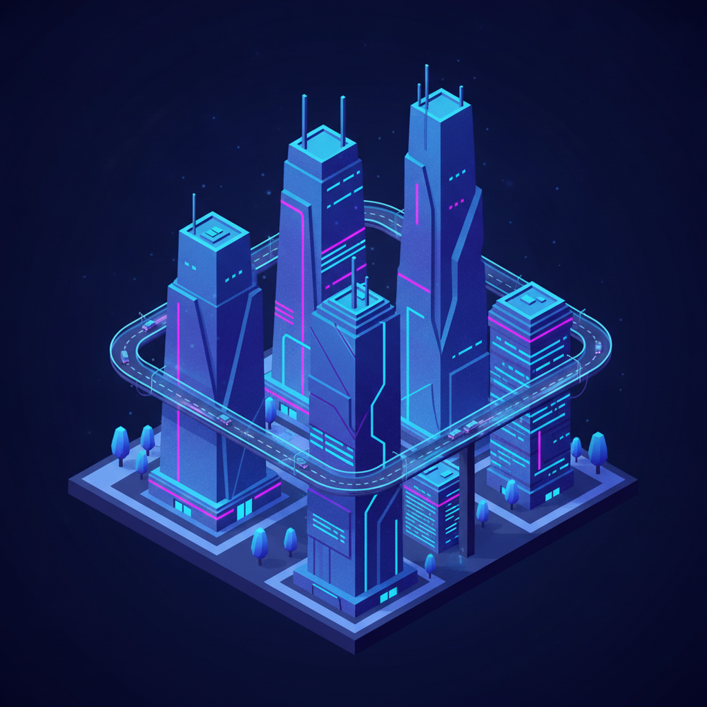 AI isometric illustration generator result: a futuristic night-time city block on a dark navy background, six angular towers in blue and indigo with magenta and cyan neon edge lighting, an elevated highway looping around the block with tiny glowing cars on it, small stylised trees and lit plazas at ground level. This is the strongest isometric illustration in the set: the tower geometry is genuinely consistent, the neon lines follow the building edges correctly rather than floating over them, and the window strips read as windows at full zoom instead of degrading into text-like marks. The drift is one of interpretation. The brief asked for roads, cars and trees, and the model built a single continuous elevated ring road that loops in mid-air and connects to nothing at either end, which looks excellent and would not survive anyone asking how a car gets onto it.