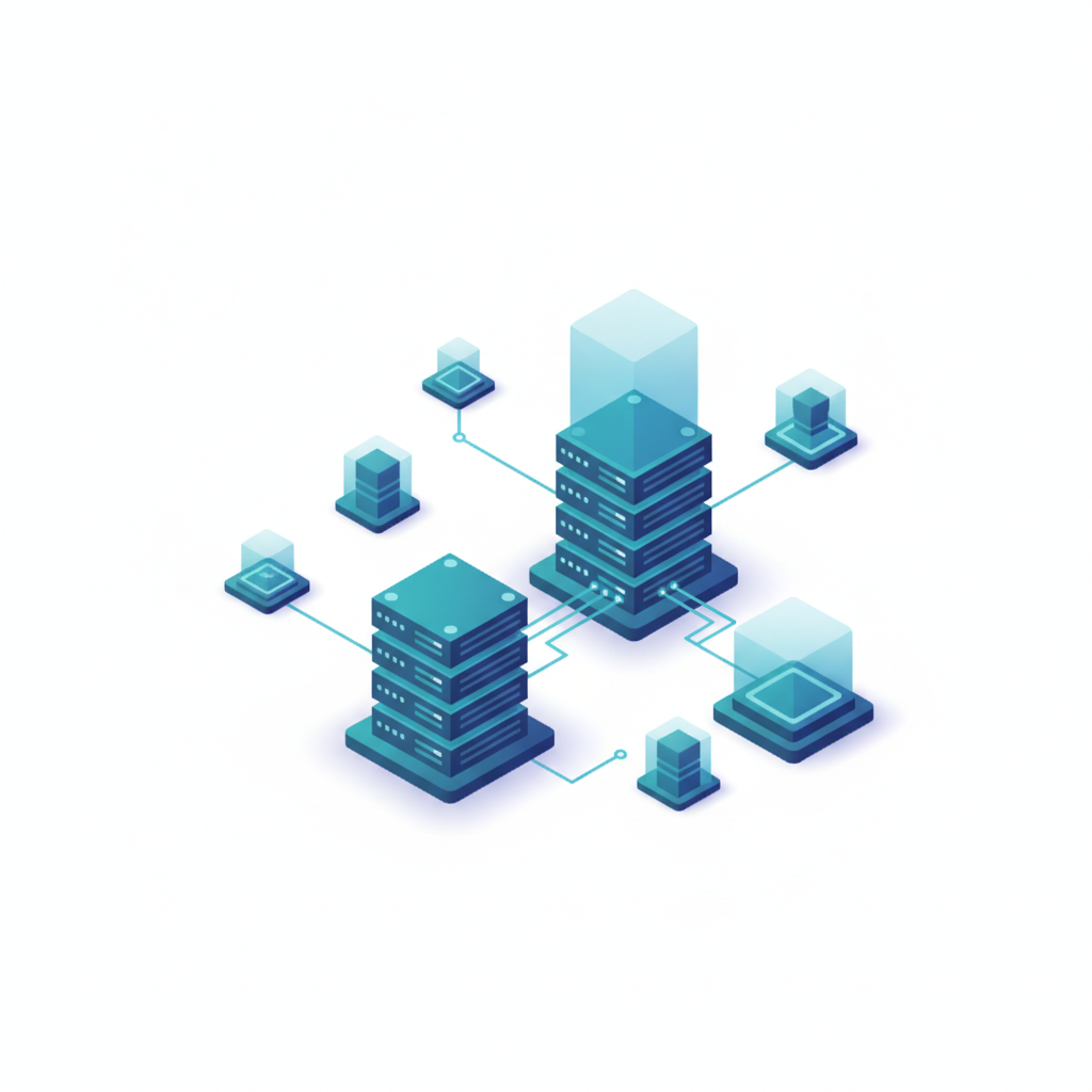 AI isometric illustration generator result: a flat vector technology diagram on a white background showing two stacked teal and indigo server racks with small status dots, surrounded by six smaller glass cubes on isometric plinths, all connected by thin pale blue lines with small circular nodes. The style is exactly right: flat vector, clean gradients, no photographic rendering, and the no-text clause worked perfectly with not a single label, number or logo anywhere. The failure here is framing. The composition drifted up and to the right and left roughly the top-left third of the square frame completely empty, so a downloaded 4K file has far less usable illustration in it than the file size suggests. Asking for the subject to fill the frame is the correction, and it is the one instruction this model ignores most often.