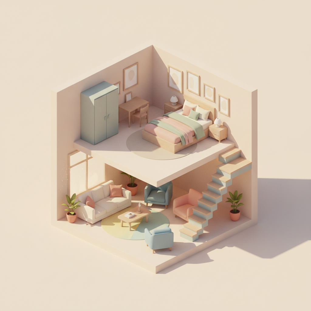 AI isometric illustration generator result: a cross-section of a two-floor apartment on a cream background in a soft pastel palette, with a bedroom, wardrobe, desk and framed pictures upstairs and a living room with a sofa, two armchairs, a coffee table, a round rug and potted plants downstairs, joined by a pale staircase. Two walls are cut away to expose both floors and warm sunlight falls through a tall window on the left. This is the cleanest execution of the cut-away preset: the isometric grid holds across both storeys, the staircase actually lands on both floor levels rather than floating, and every picture frame on the wall is blank exactly as instructed. The one thing to know is that the floor plan is decorative rather than buildable. The upstairs bedroom overhangs the living room with no supporting wall beneath it, so the slab is cantilevered over open space.