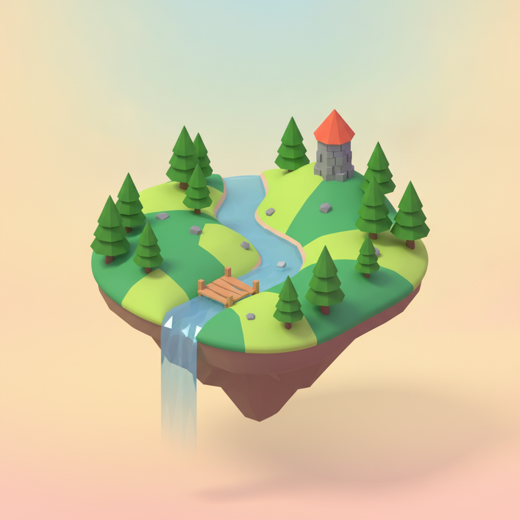 AI isometric illustration generator result: a low-poly floating game island on a soft peach and mint gradient background, with faceted green hills, a blue river running across it, a small wooden bridge, a dozen conical pine trees, scattered grey rocks and a round stone tower with a bright orange conical roof. The low-poly language is held consistently — flat faceted shading, no gradients on the terrain, hard polygon edges throughout — which makes it directly usable as a game asset reference. Two notes. The brief asked for an island and the model added a waterfall pouring off the underside into empty sky, which was never requested and is the kind of unasked-for addition that makes a matching set hard. And every pine tree is the same cone at three sizes, so a wider shot of the same world will look copy-pasted unless you vary them yourself.