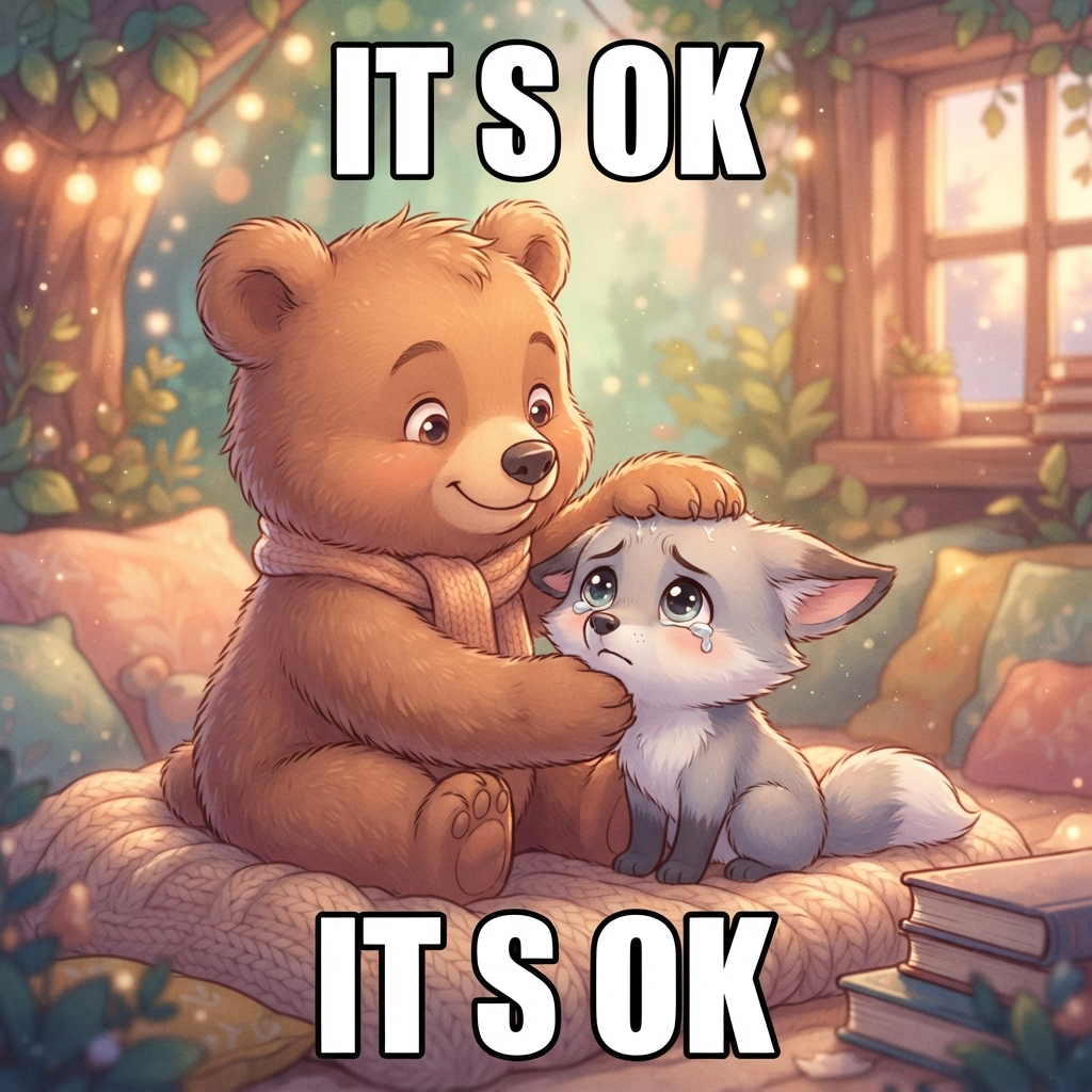 AI It's OK meme generator — a wholesome reassurance meme with a cartoon character patting a sad friend and bold ITS OK caption text, created with the AI It's OK meme generator