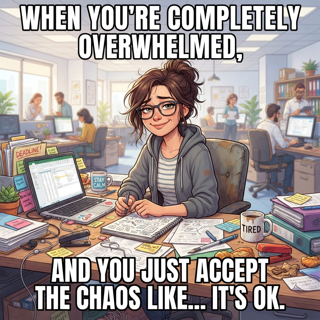 AI It's OK meme generator — a this-is-fine coping meme of a person calmly sipping coffee as the room burns with bold caption text, made with the AI It's OK meme generator
