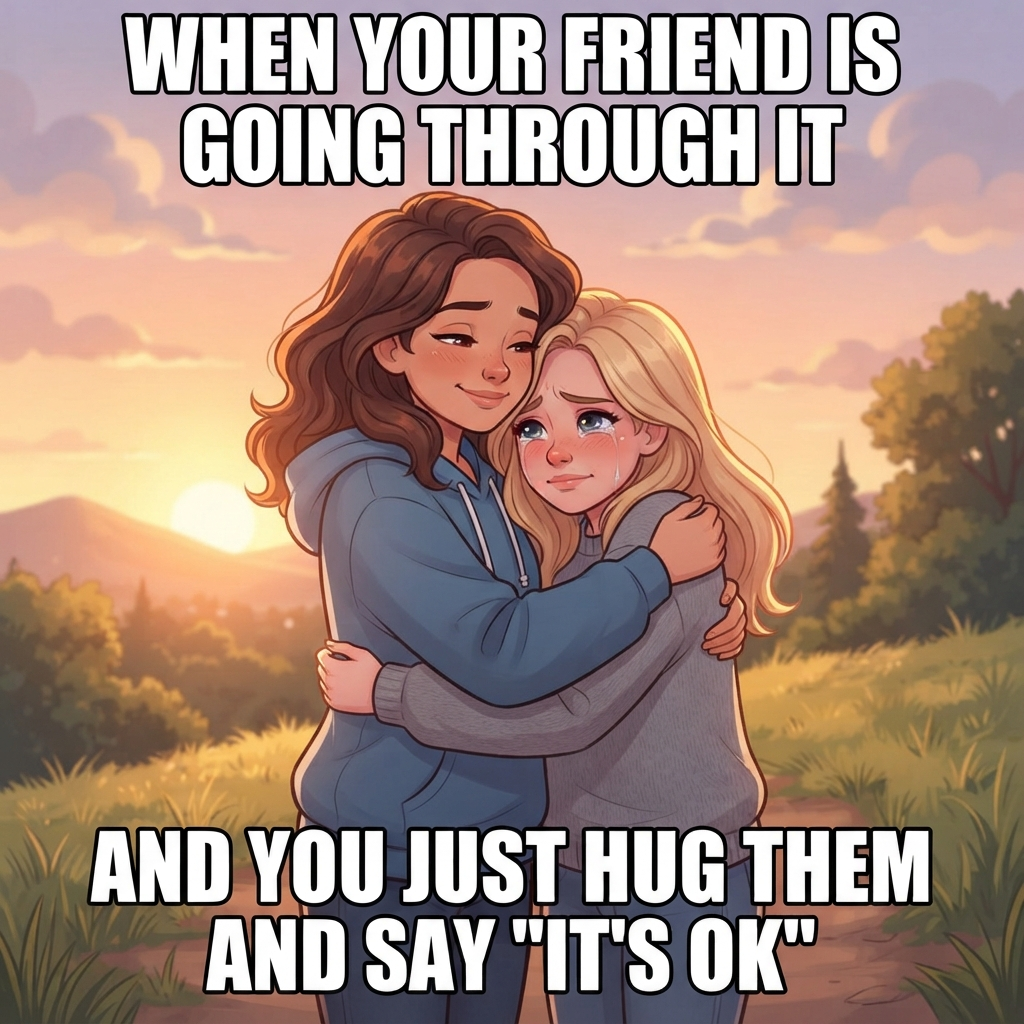 AI It's OK meme generator — a cute animal comfort meme of a fluffy kitten hugging a plush toy with big Impact caption text, created with the AI It's OK meme generator