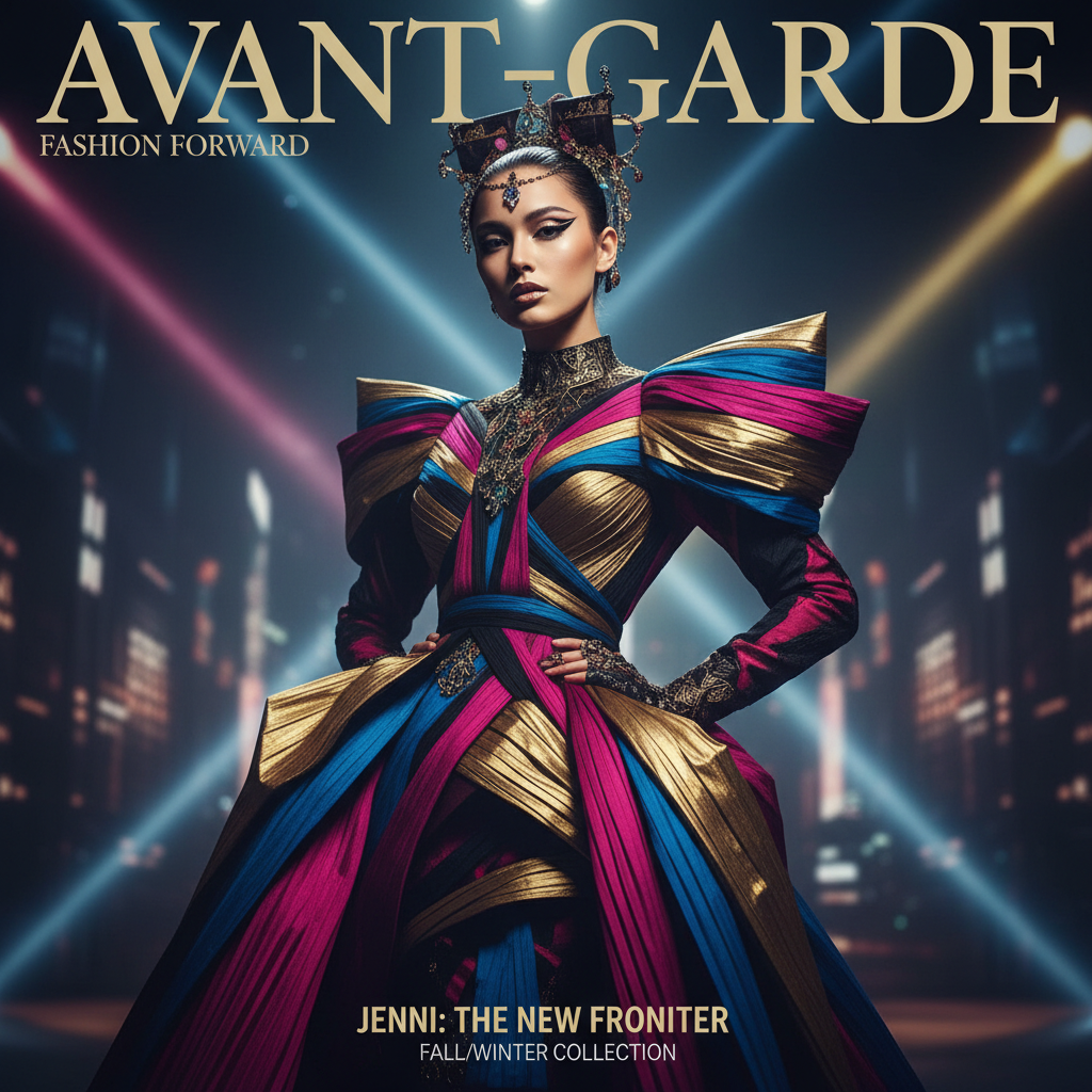 AI Jenni style image generator creating a high-fashion editorial portrait in avant-garde couture