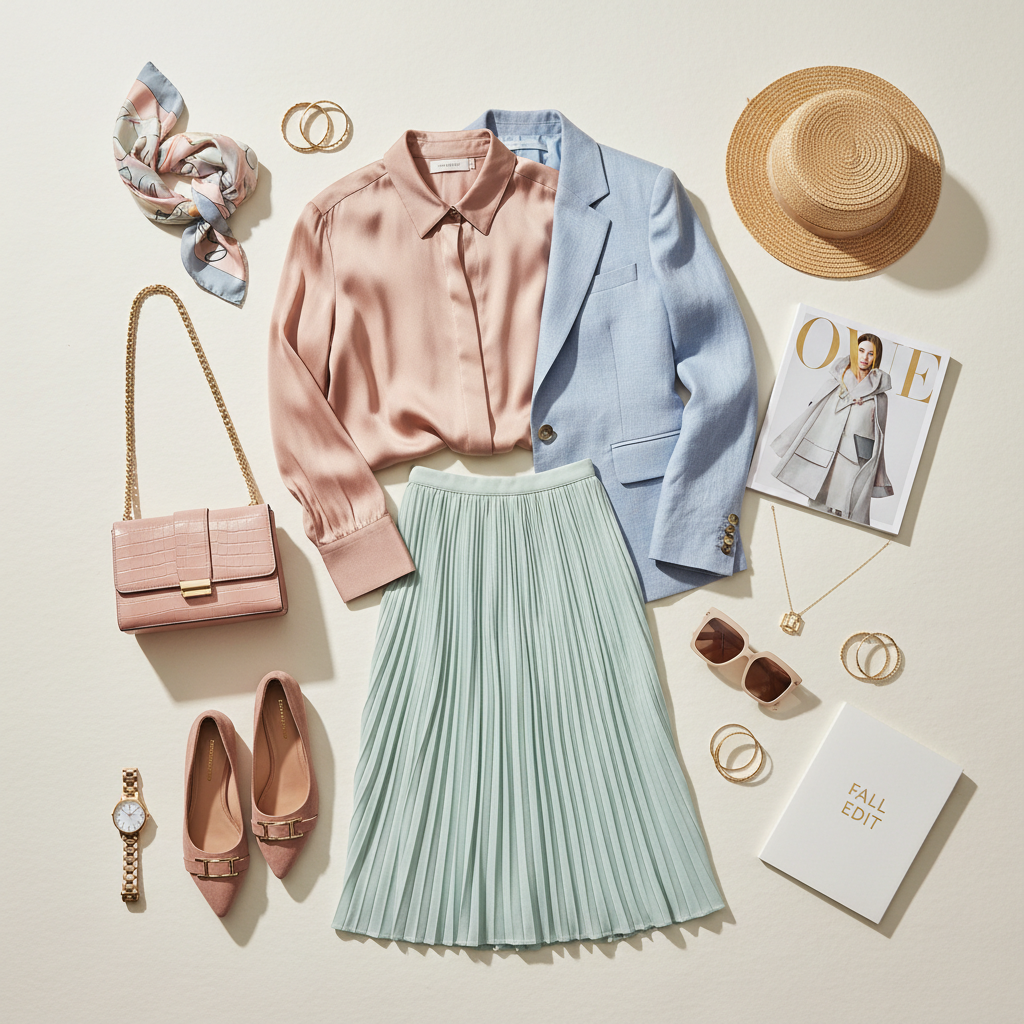 Jenni style AI generator flat-lay of designer clothing and accessories in editorial layout