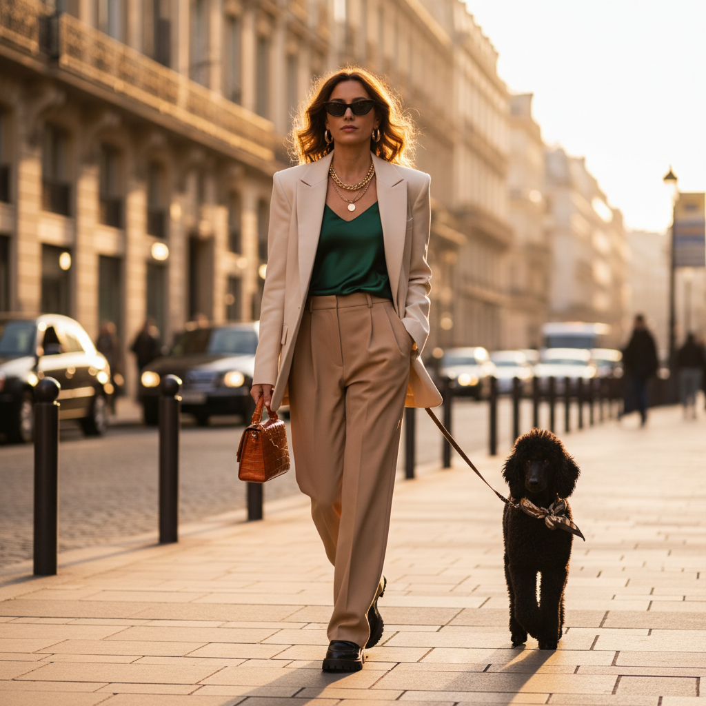 AI fashion images in Jenni style — chic street-style photograph shot in golden hour light