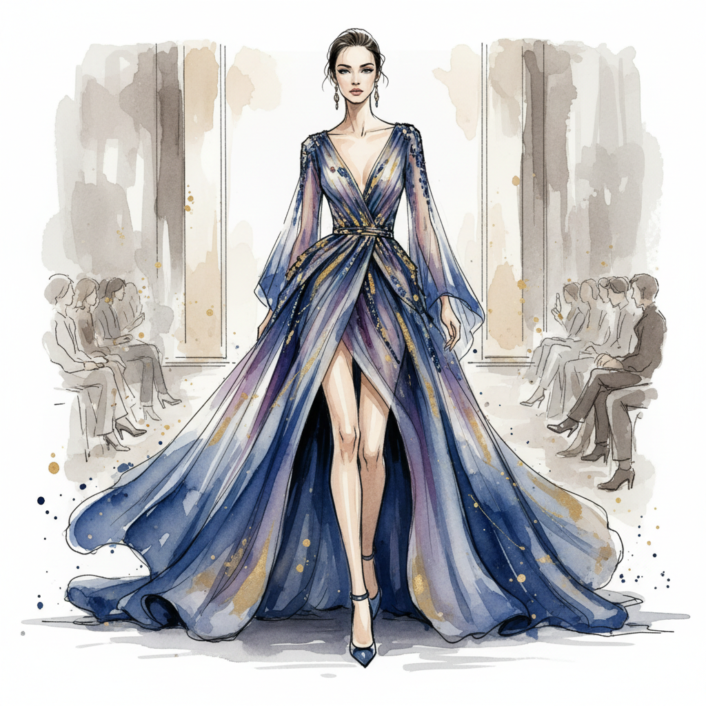 Jenni AI art fashion illustration of a haute couture gown in watercolor and ink style
