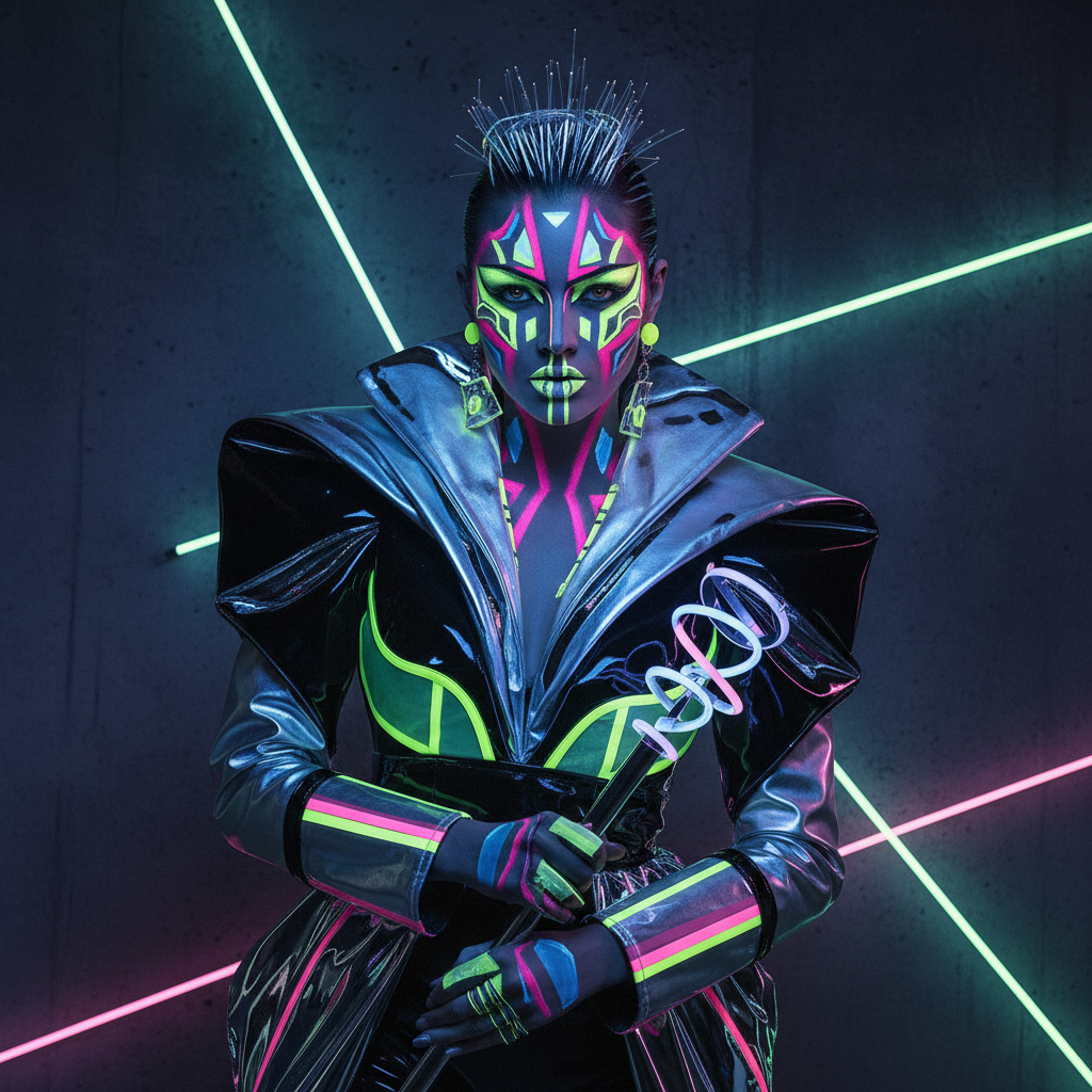 Unique style AI images — bold contemporary fashion portrait with creative makeup and neon lighting