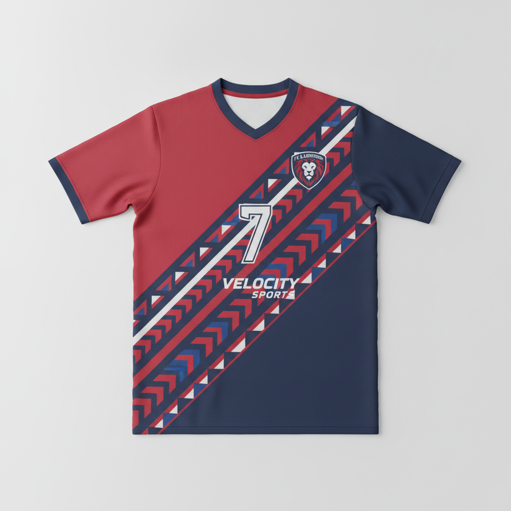 AI jersey generator result showing a custom soccer jersey with bold red and navy blue color blocks, a modern geometric pattern, and a team crest on a clean white background