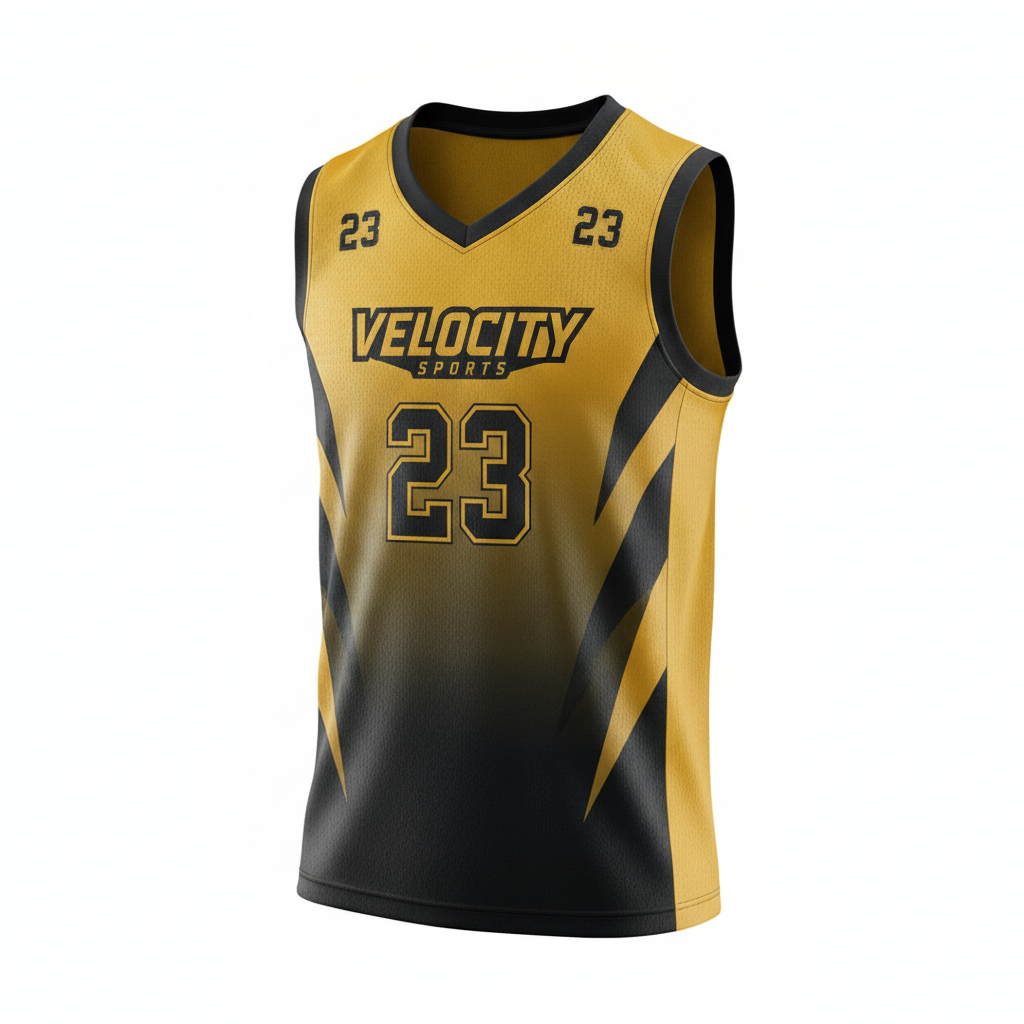 AI jersey generator result showing a custom basketball jersey in a gold and black gradient with sharp angular stripes and the number 23