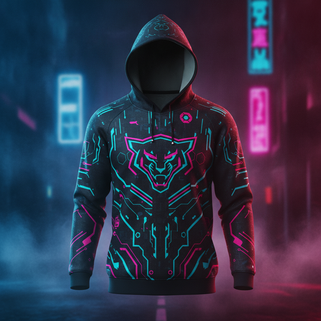 AI jersey generator result showing a custom esports gaming hoodie jersey with a neon cyan and magenta cyberpunk pattern and a futuristic team logo