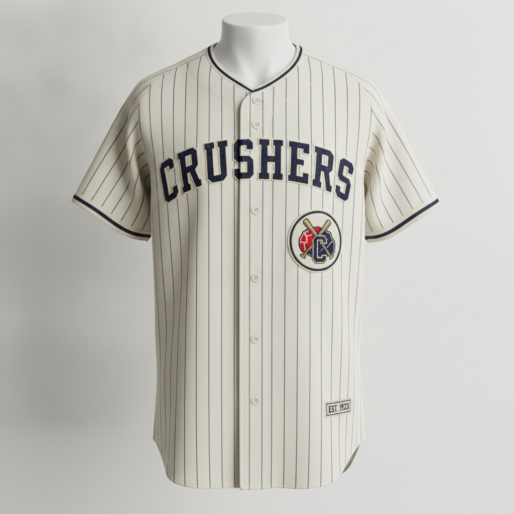 AI jersey generator result showing a custom baseball jersey with classic navy and white pinstripes and vintage team typography across the chest