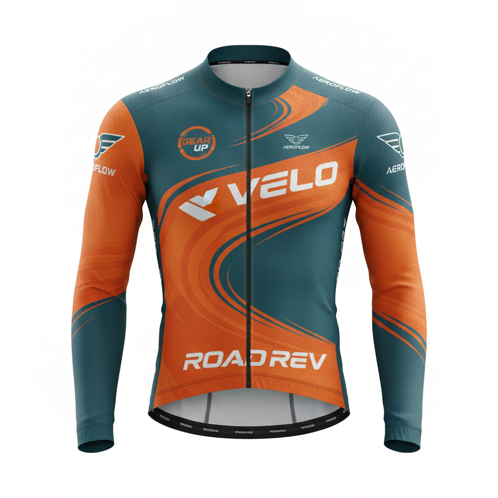 AI jersey generator result showing a custom cycling jersey with a vibrant orange and teal aerodynamic pattern and sponsor logos