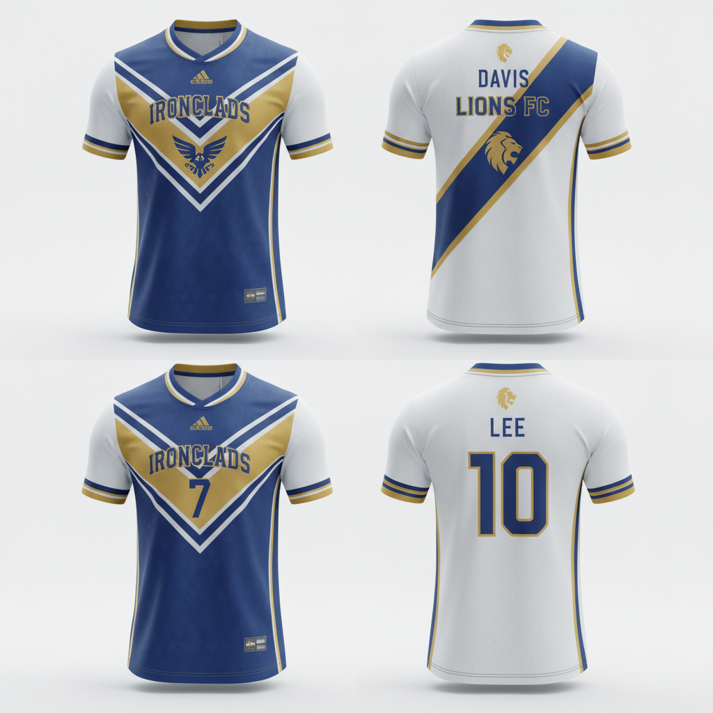 AI jersey generator result showing a set of custom football jerseys in team colors with player names and numbers, shown front and back