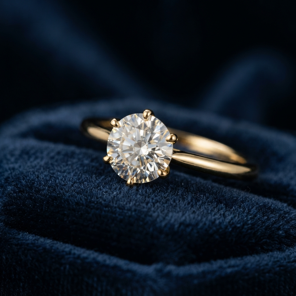 AI jewelry design generator result showing an elegant gold diamond solitaire engagement ring on dark velvet in luxury catalog style