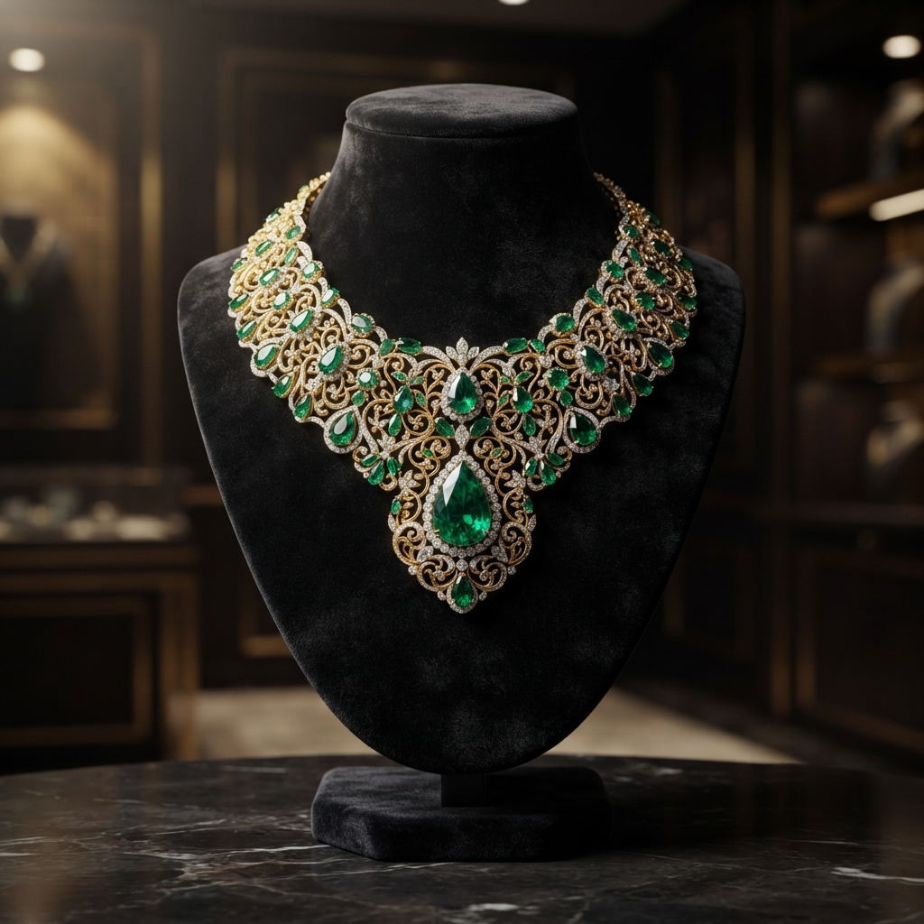 AI jewelry design generator result showing an ornate emerald and gold statement necklace with filigree detail on a black bust stand