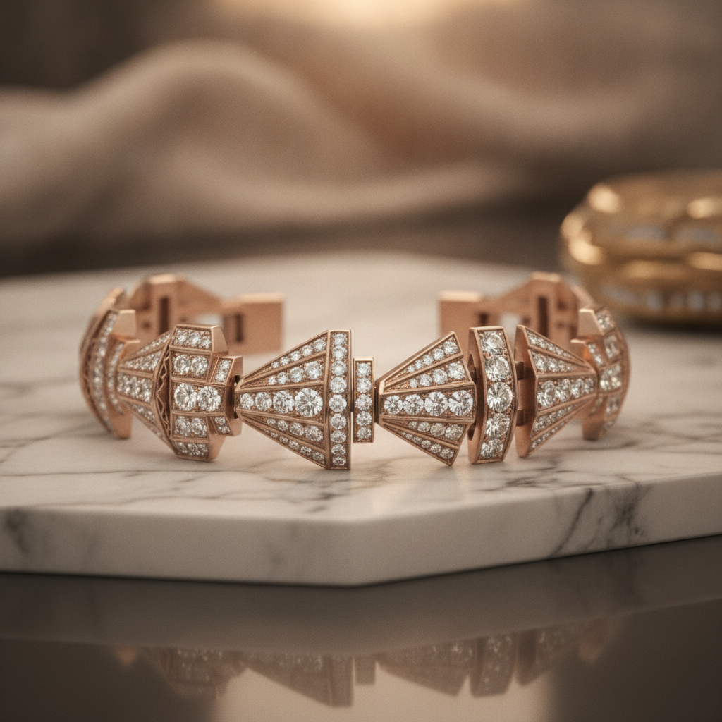 AI jewelry design generator result showing a vintage art deco rose gold bracelet with geometric pave diamond patterns on marble