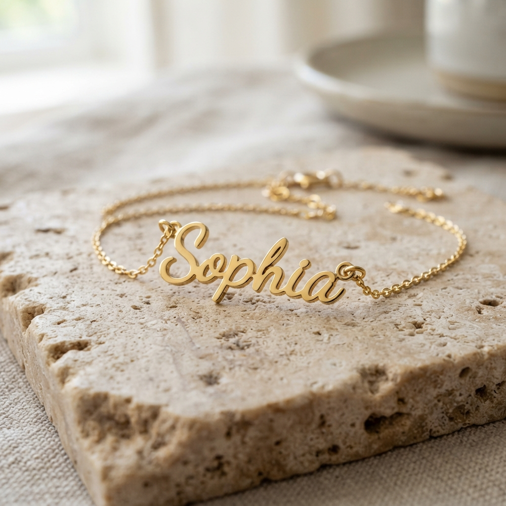 AI jewelry design generator result showing a custom personalized gold cursive name pendant necklace on a delicate chain