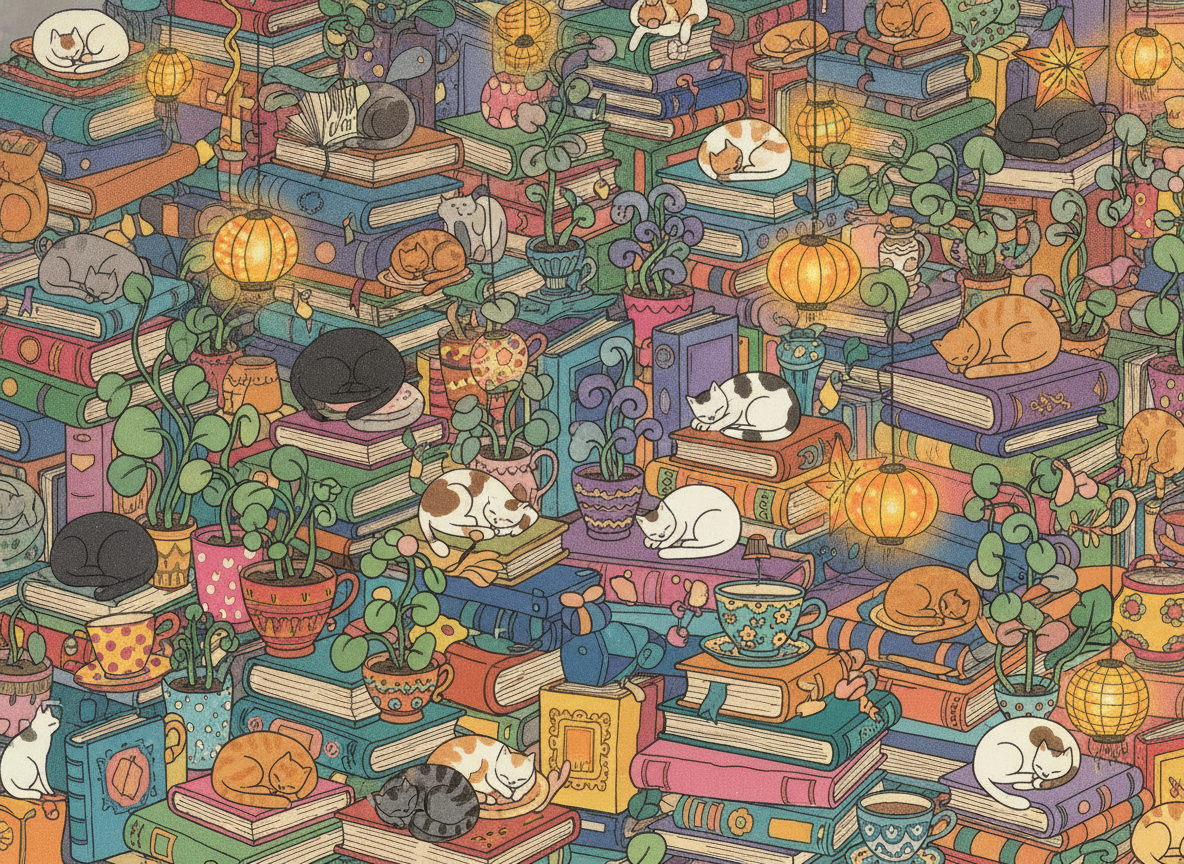 AI jigsaw puzzle generator result: a dense pastel illustration of stacked books, sleeping cats, potted plants, teacups and glowing paper lanterns packed edge to edge with no empty space, the easiest kind of artwork to sort into piles