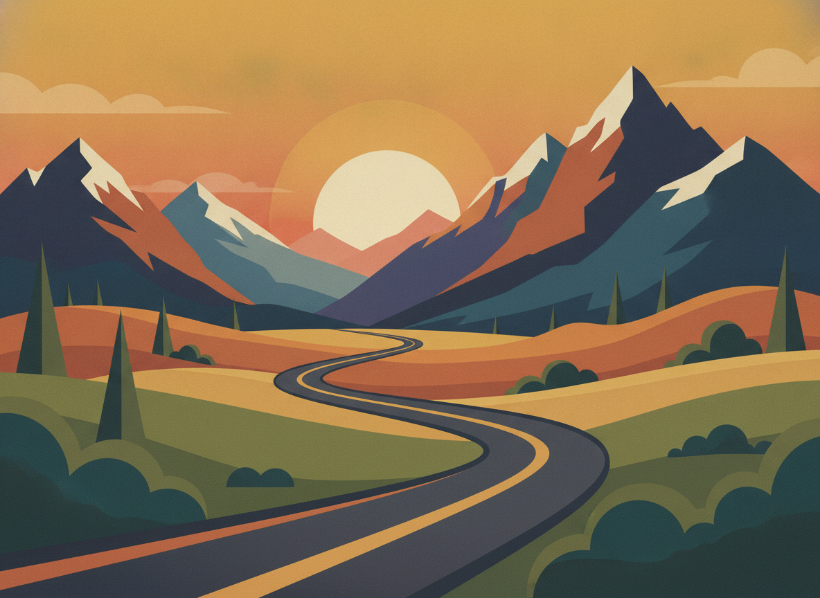 A flat mid-century landscape of snow-capped navy mountains above olive and gold hills, a winding grey road with a yellow centre line, and a pale sun on a broad amber sky that would be the hardest region to solve