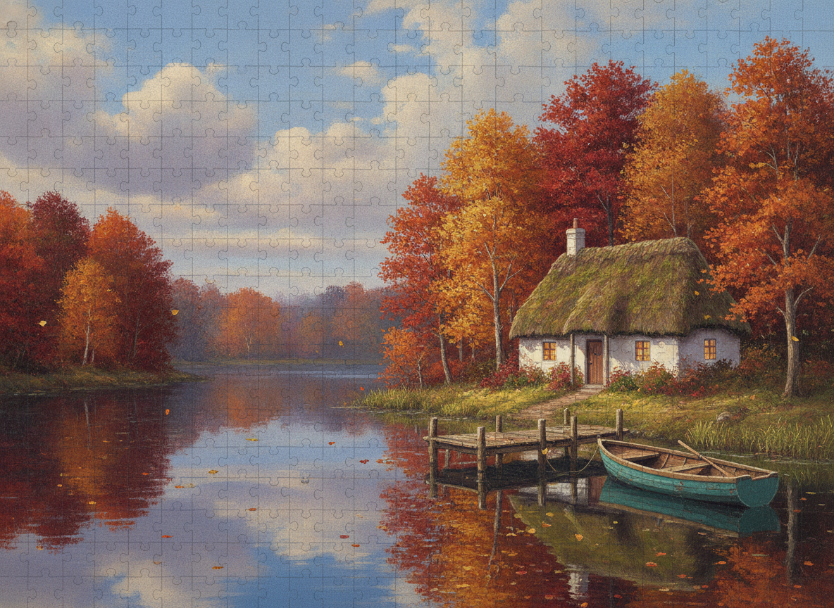 A traditional painted scene of a thatched cottage beside a lake with autumn trees, a jetty and a teal rowing boat, shown with a jigsaw cut pattern drawn over it, the wide cloudy sky filling the top third
