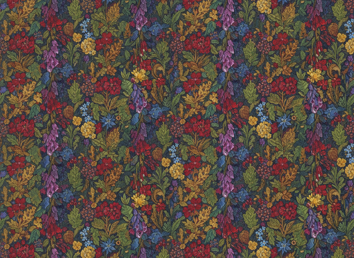 A dense all-over botanical design of foxgloves, red and yellow blooms and oak leaves on a dark ground with an embroidered tapestry texture, its near-repeating vertical bands showing how a repeat can help or hinder a solver