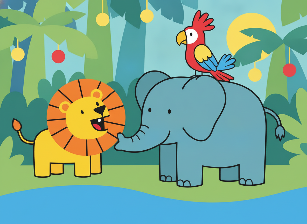 A simple bold cartoon jungle scene with a yellow lion, a grey elephant and a red parrot in thick black outlines against flat palm trees and a blue river, sized for a childrens twenty four piece puzzle