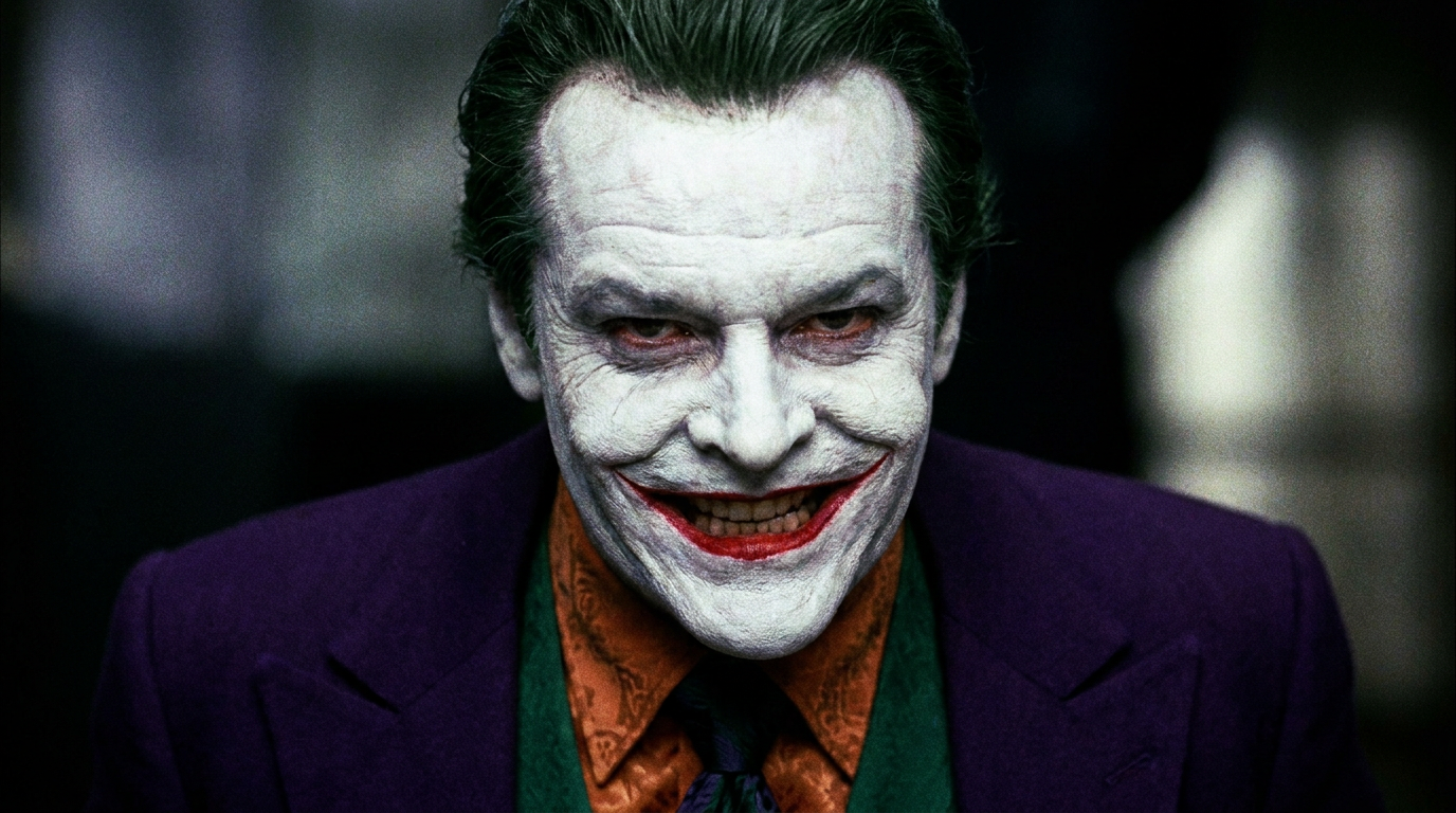 AI joker generator turning a man into the classic comic-book Joker with white face paint, red grin, and green hair while keeping his real face