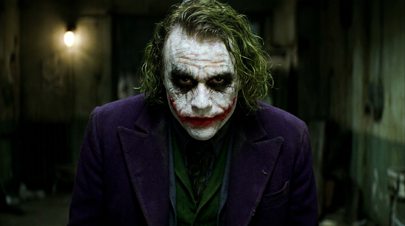 Dark chaotic movie Joker look with smeared makeup and a scarred smile created on a photo with the AI joker generator