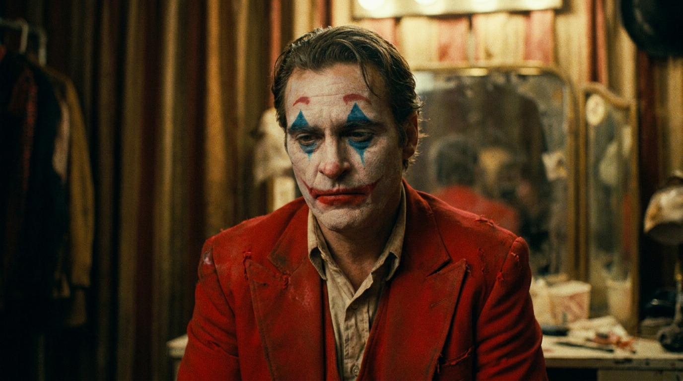 Melancholic sad clown Joker in a red suit generated on a portrait with the AI joker generator