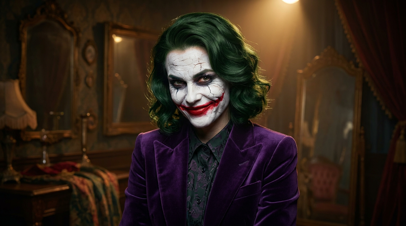 Female Joker with a bold red grin and vivid green hair created with the AI joker generator