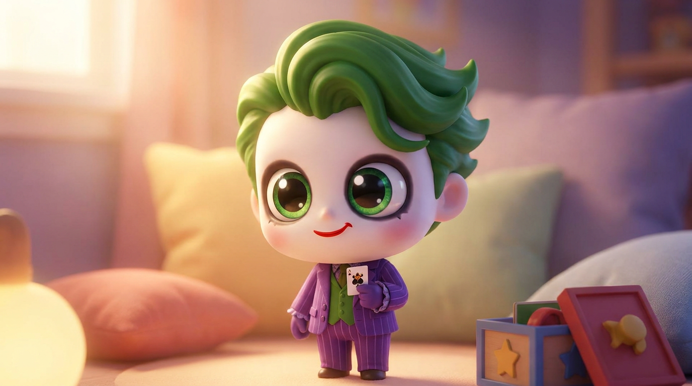 Cute chibi cartoon Joker with big eyes and a tiny purple suit made with the AI joker generator