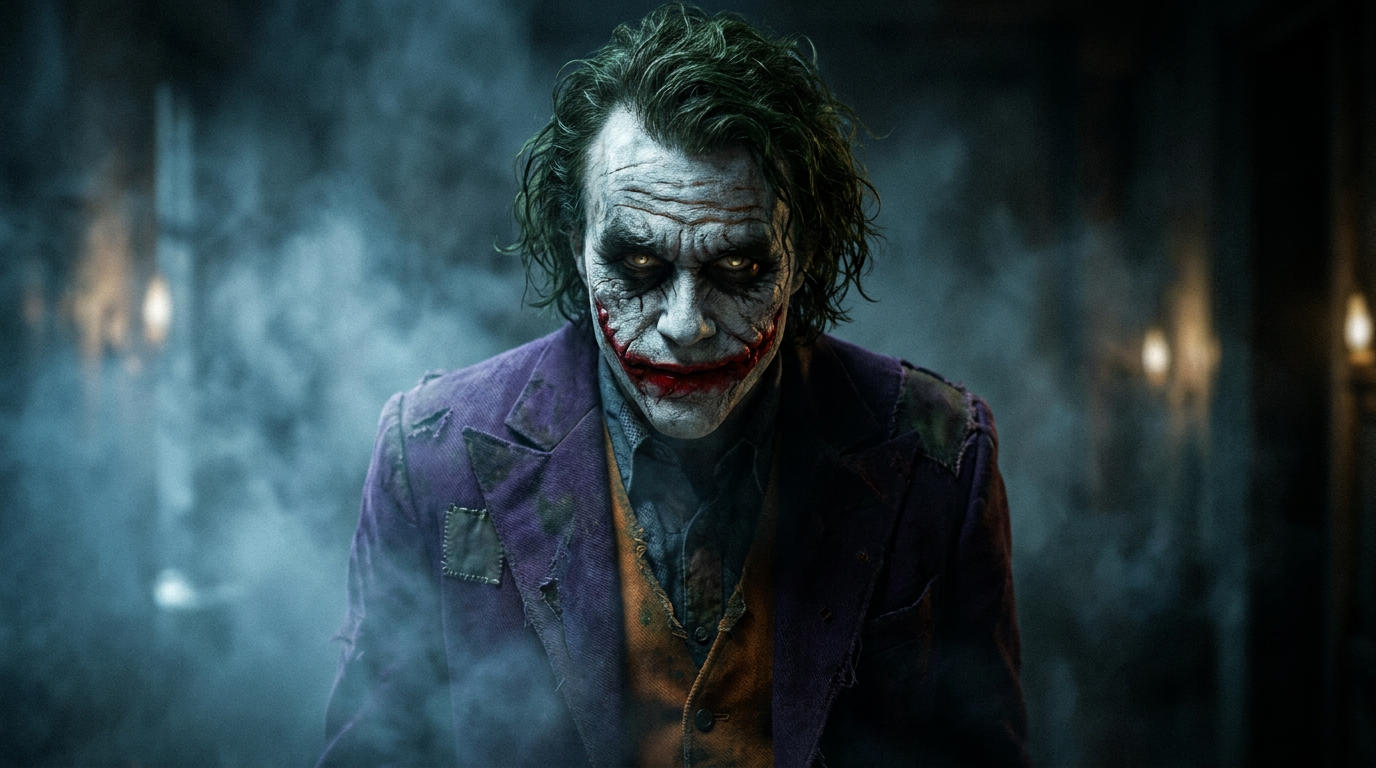 Creepy horror Joker with cracked face paint and a jagged smile created with the AI joker generator