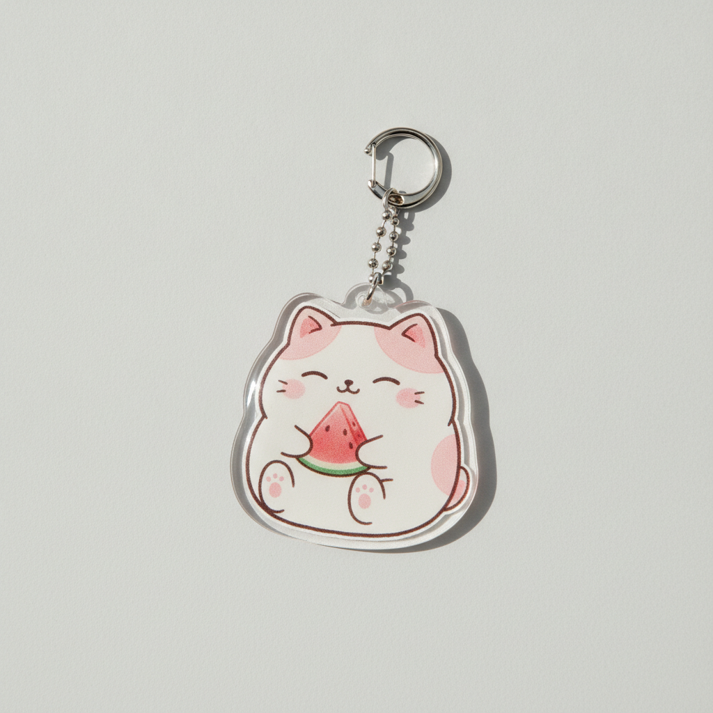 AI keychain design generator result: a clear acrylic charm keychain holding a kawaii cat character hugging a watermelon slice, printed in pastel pink and mint with a silver split ring